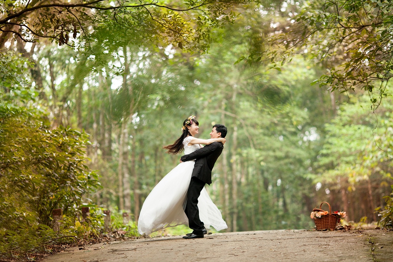 couple, wedding, park